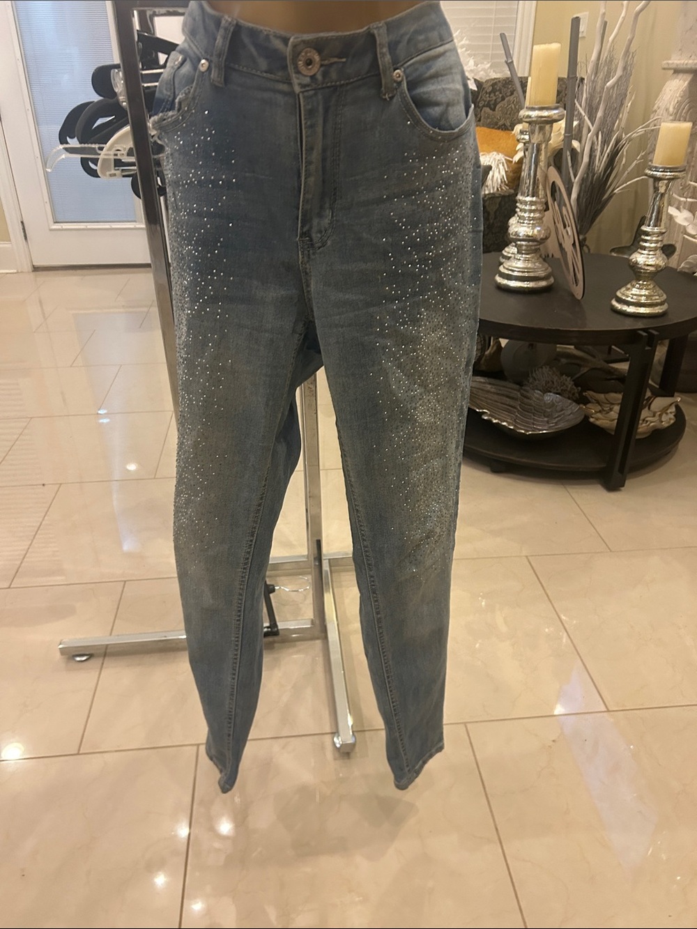 Ashley Stewart Light Blue Rhinestone High-Waist Jeans